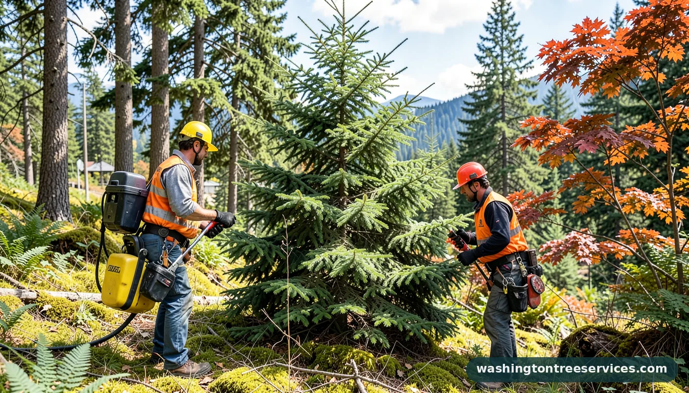 trimming evergreen trees - tree service equipment and crew in Washington