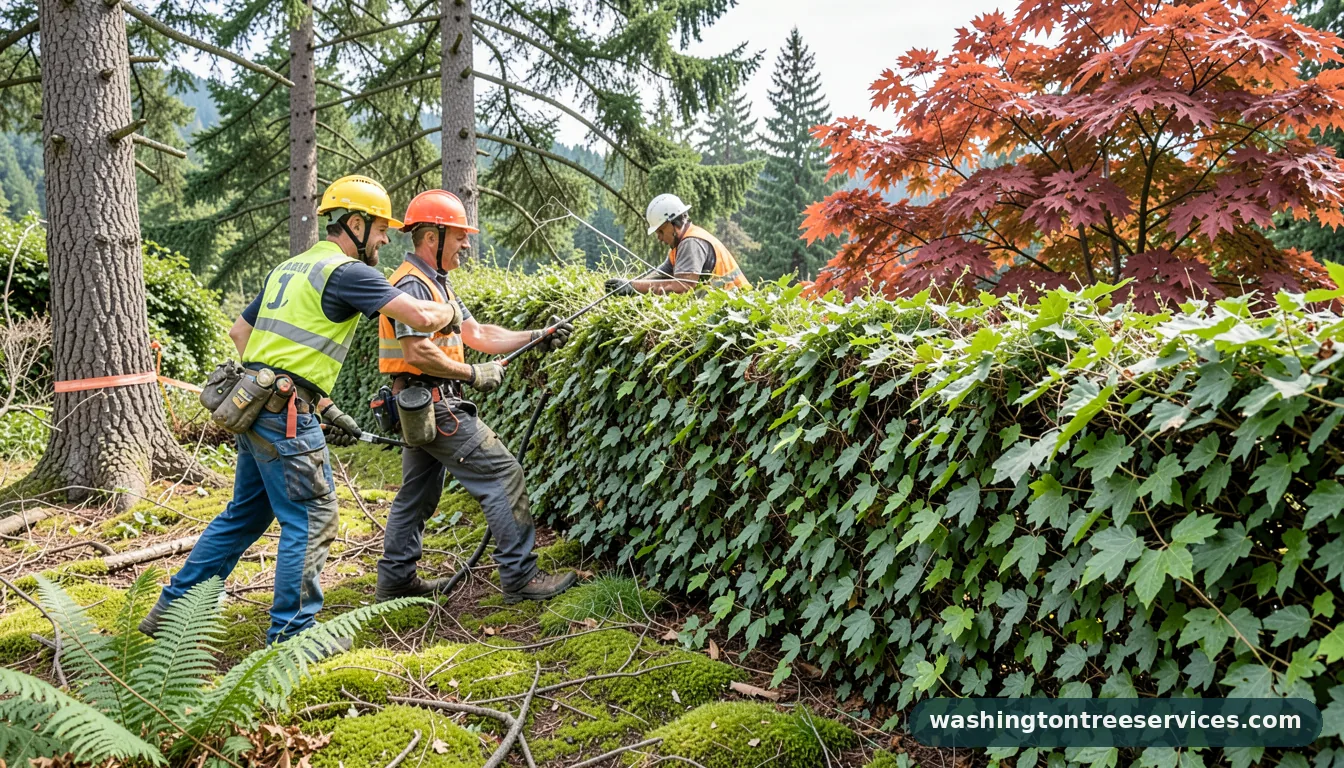 trimming high hedges - tree service equipment and crew in Washington