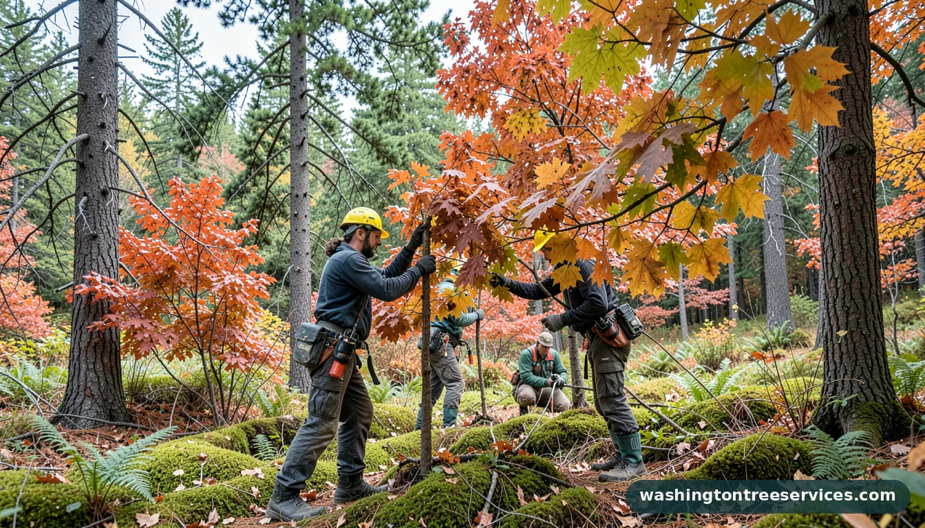 trimming maple trees in fall - tree service equipment and crew in Washington