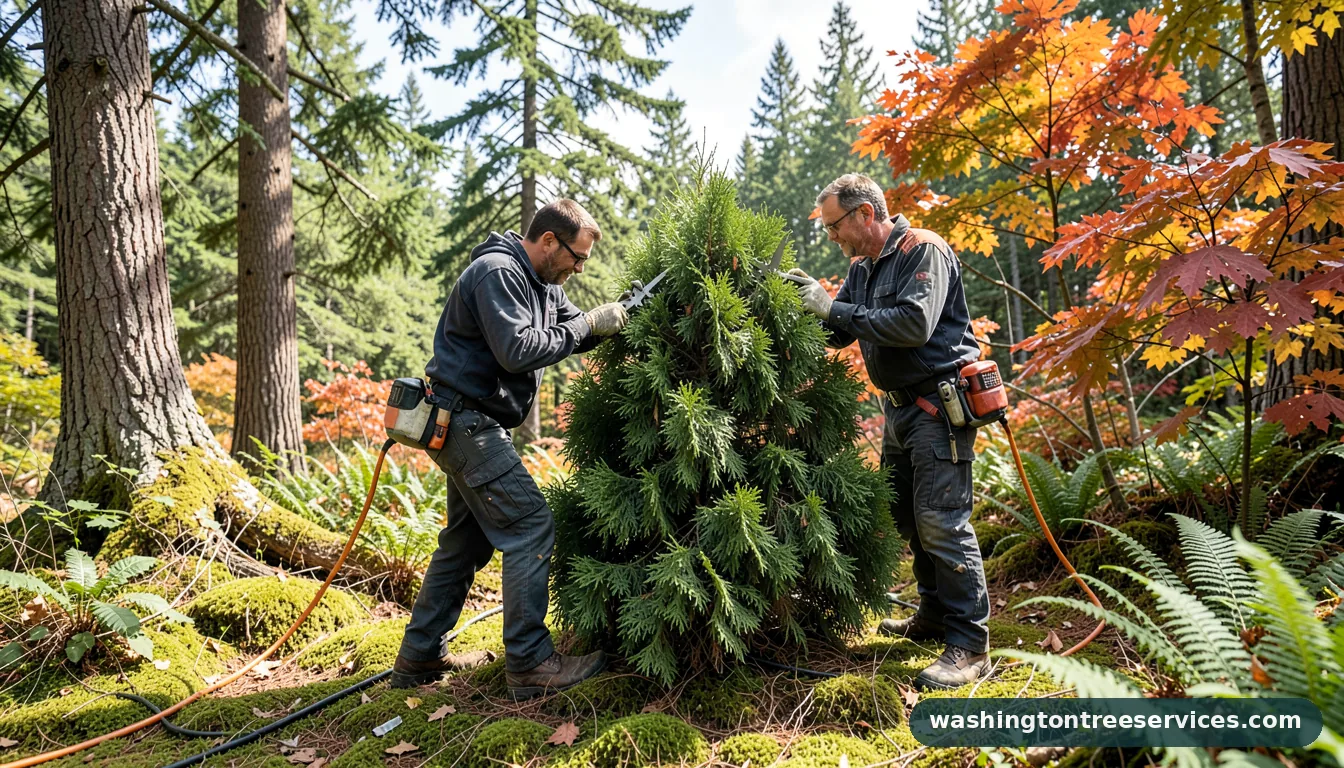 Certified arborists handling trimming thuja in Washington trimming thuja - certified arborists at work in Washington