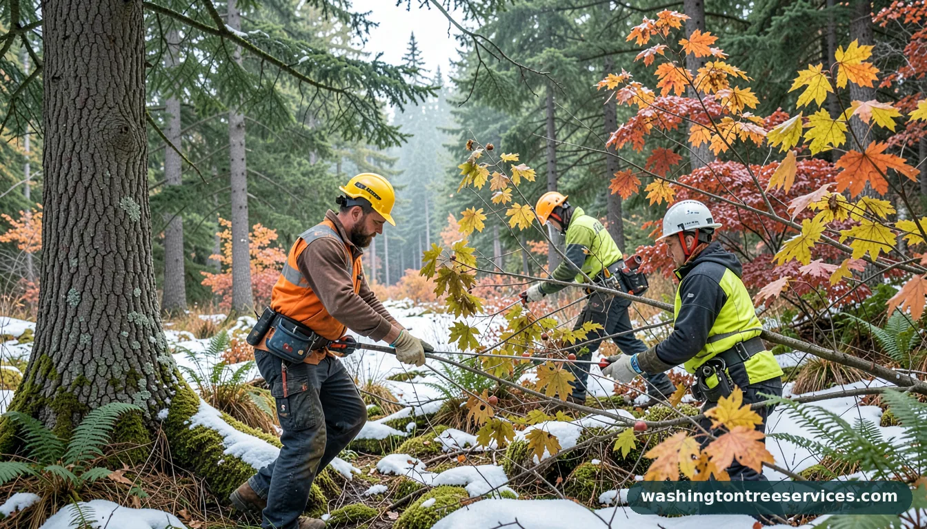 trimming tree branches in winter - certified arborists at work in Washington
