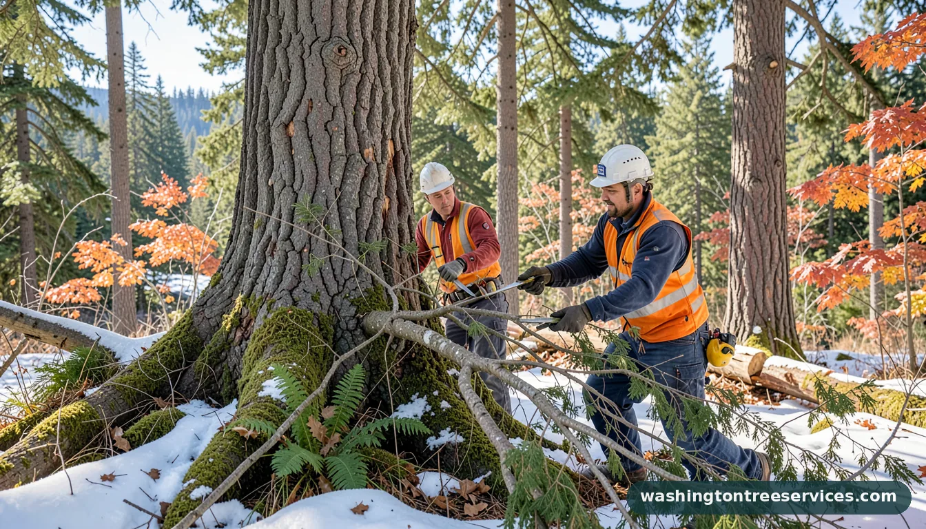 trimming tree branches in winter - tree service equipment and crew in Washington