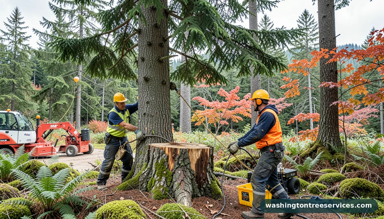 Certified arborists handling western hemlock tree & stump service in Washington western hemlock tree & stump service - certified arborists at work in Washington