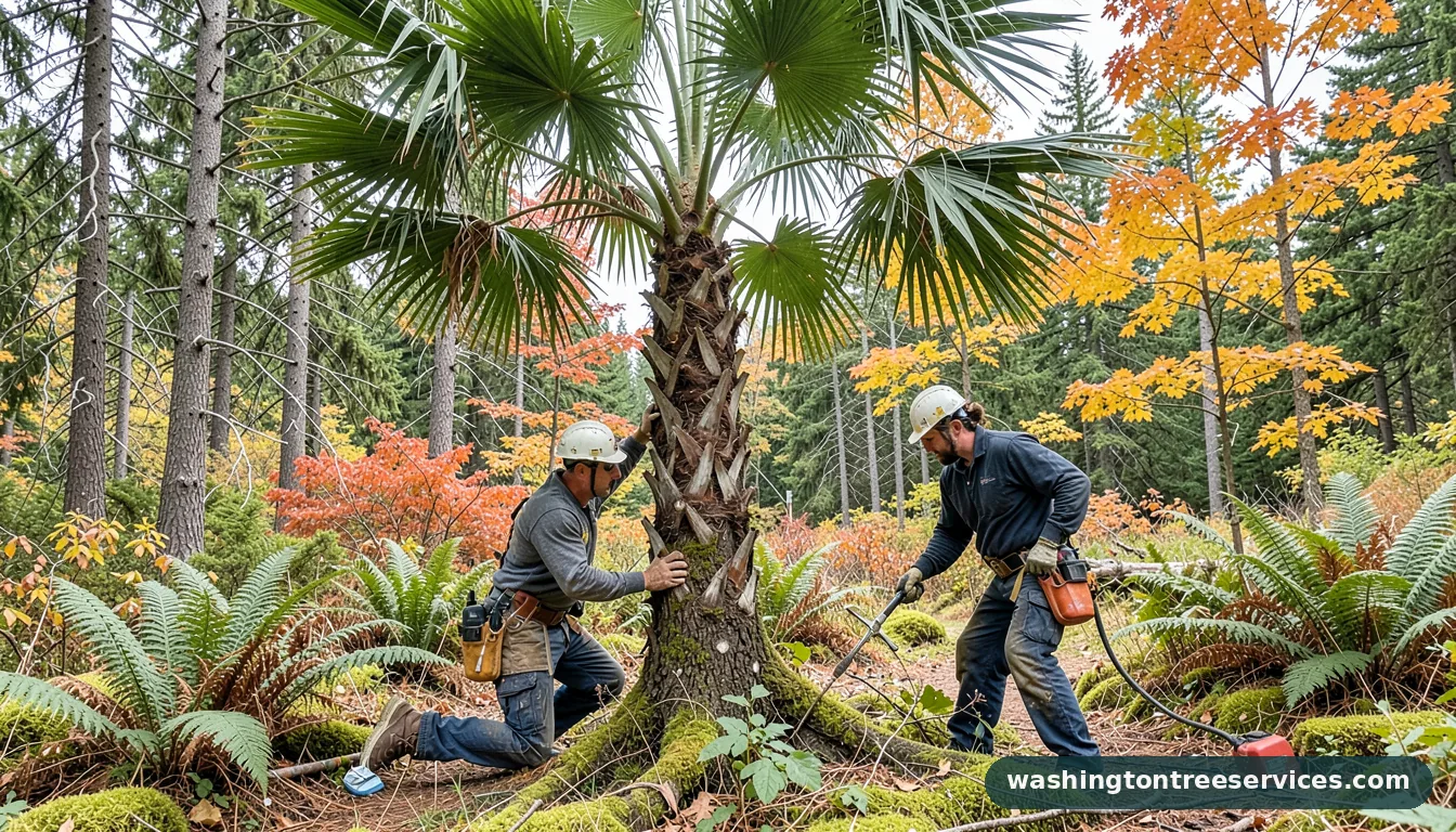 windmill palm tree pruning - certified arborists at work in Washington