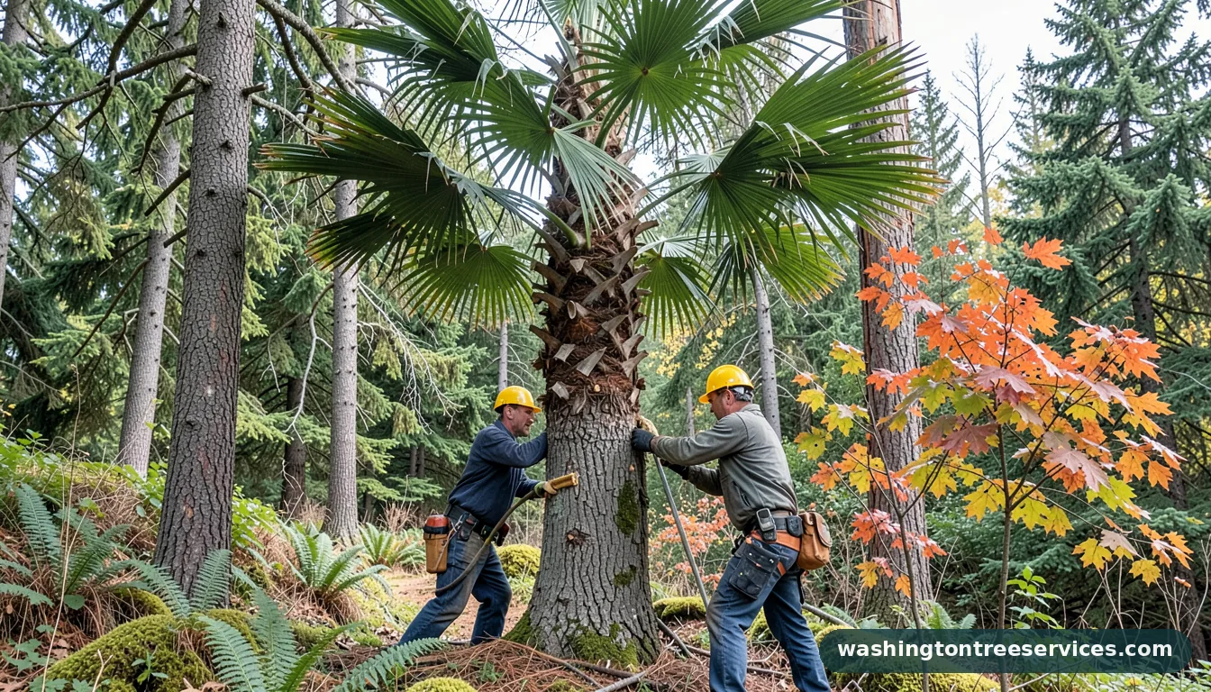 windmill palm tree pruning - tree service equipment and crew in Washington