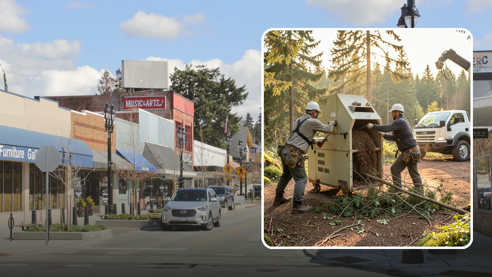 Brush Chipping in Bothell, King County, WA - The on-site chipping of brush and small branches into wood chips.