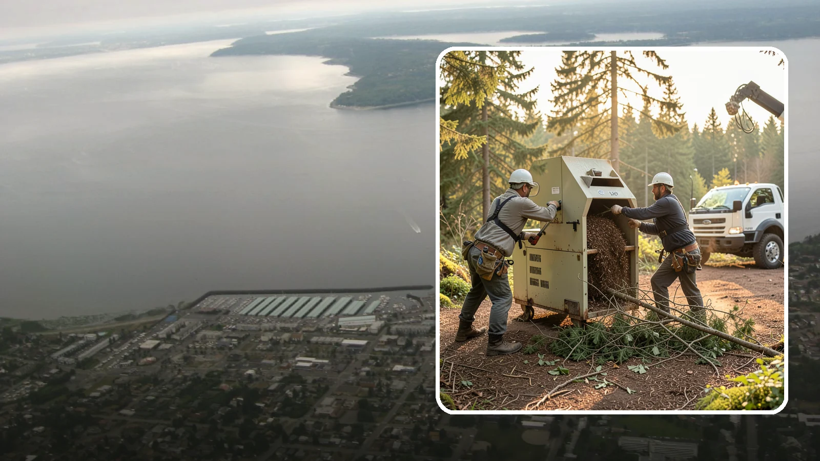 Brush Chipping in Des Moines, King County, WA - The on-site chipping of brush and small branches into wood chips.