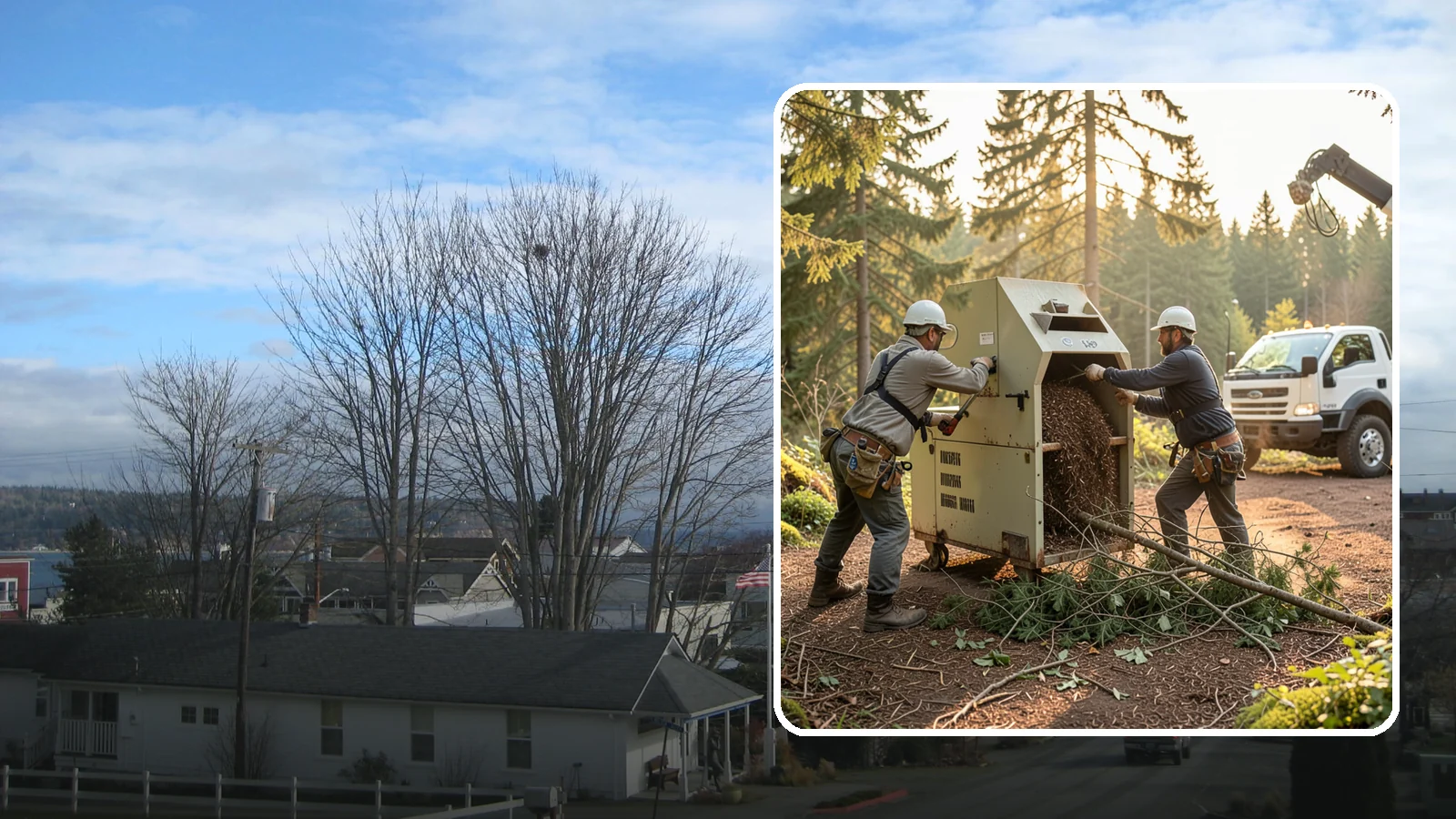 Brush Chipping in Langley, Island County, WA - The on-site chipping of brush and small branches into wood chips.