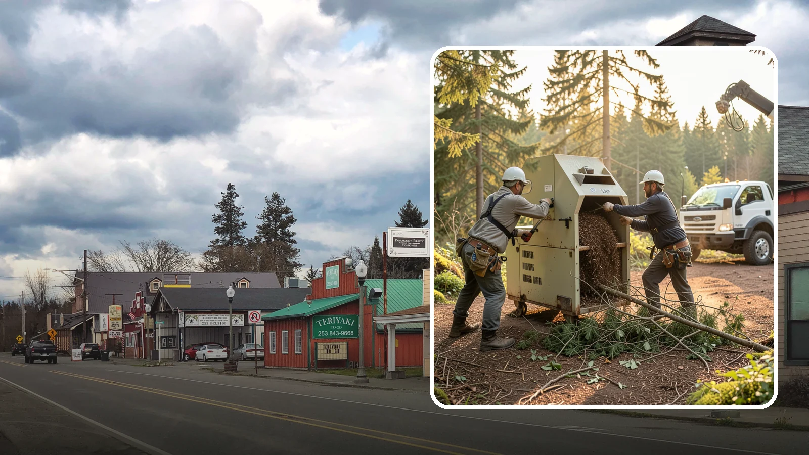 Brush Chipping in Roy, Pierce County, WA - The on-site chipping of brush and small branches into wood chips.