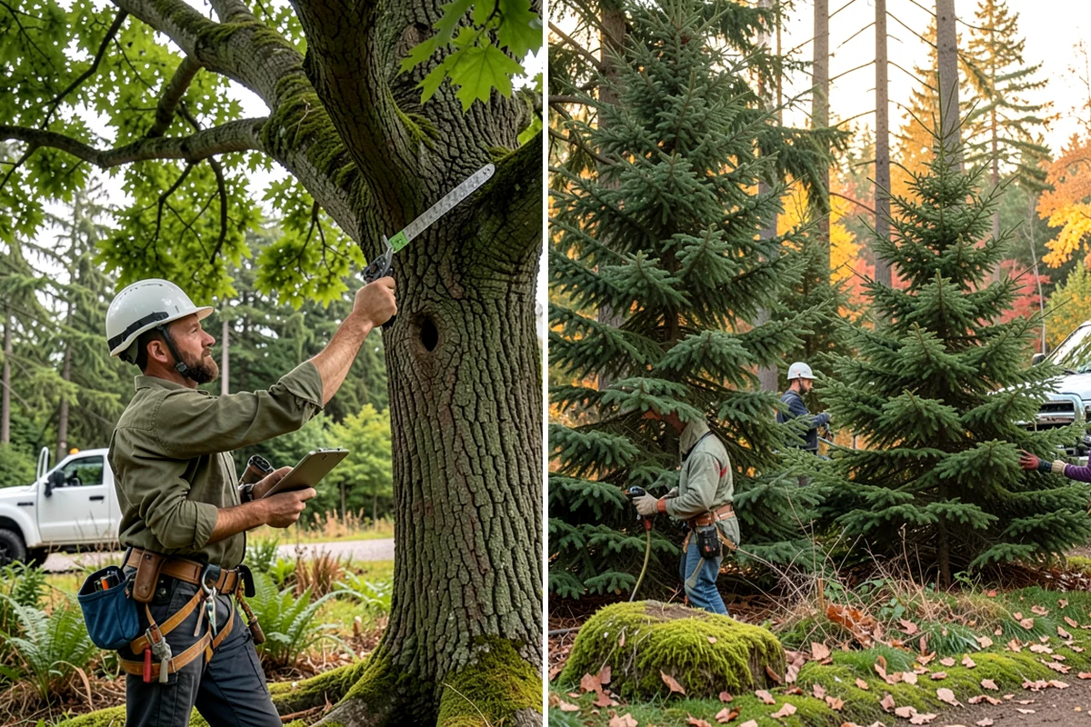 Building clearance pruning in Arlington, Snohomish County, WA - Assess canopy condition and pruning objectives