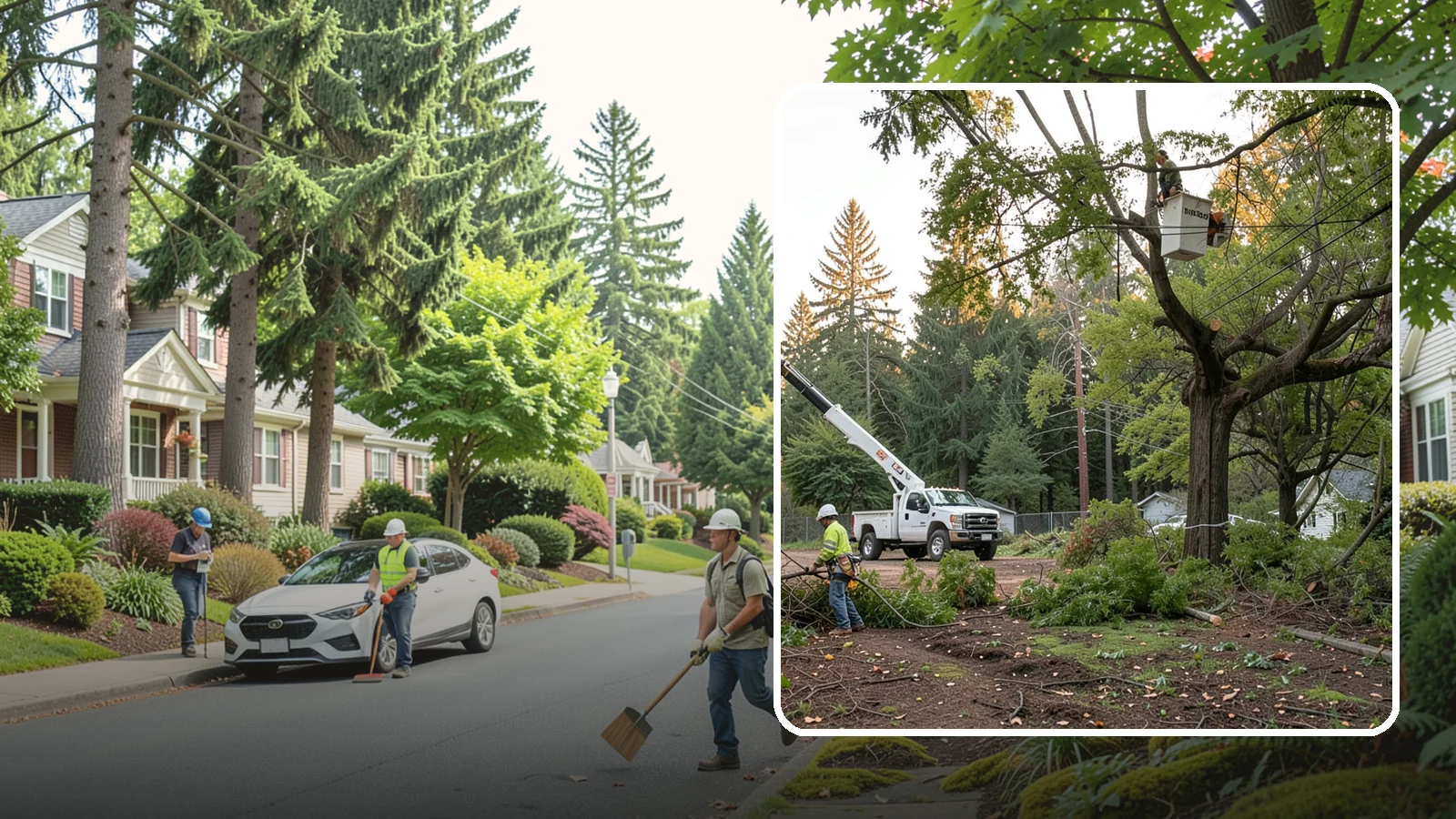 Building clearance pruning in Beaux Arts Village, King County, WA - The pruning of branches away from walls and structures.