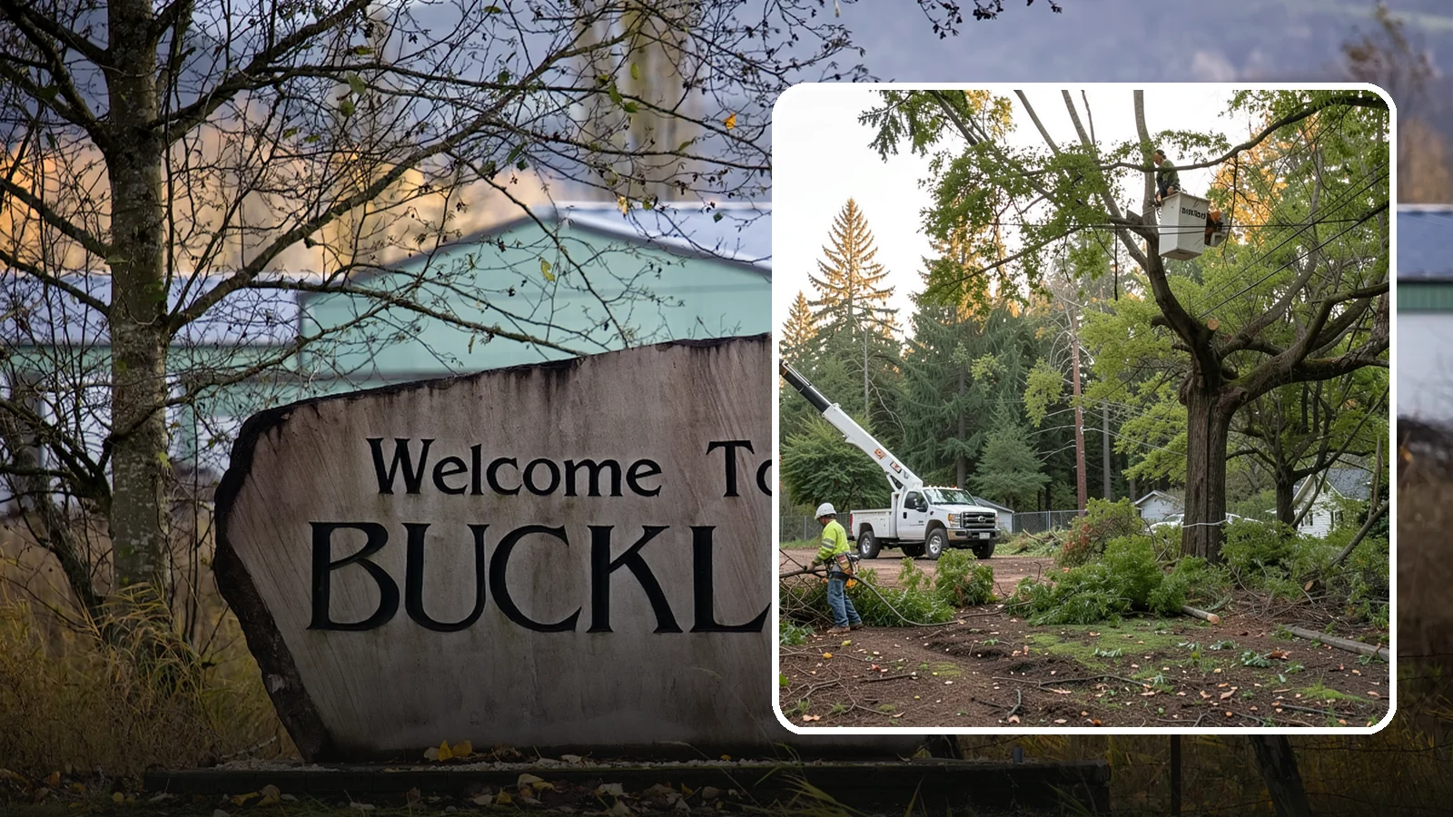 Building clearance pruning in Buckley, Pierce County, WA - The pruning of branches away from walls and structures.