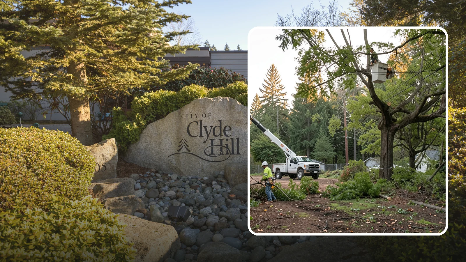 Building clearance pruning in Clyde Hill, King County, WA - The pruning of branches away from walls and structures.