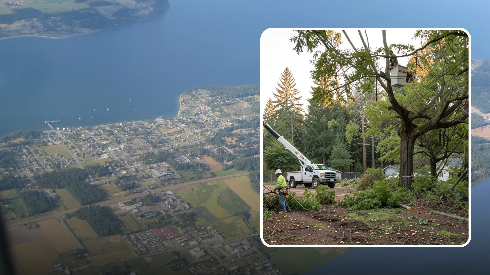 Building clearance pruning in Coupeville, Island County, WA - The pruning of branches away from walls and structures.