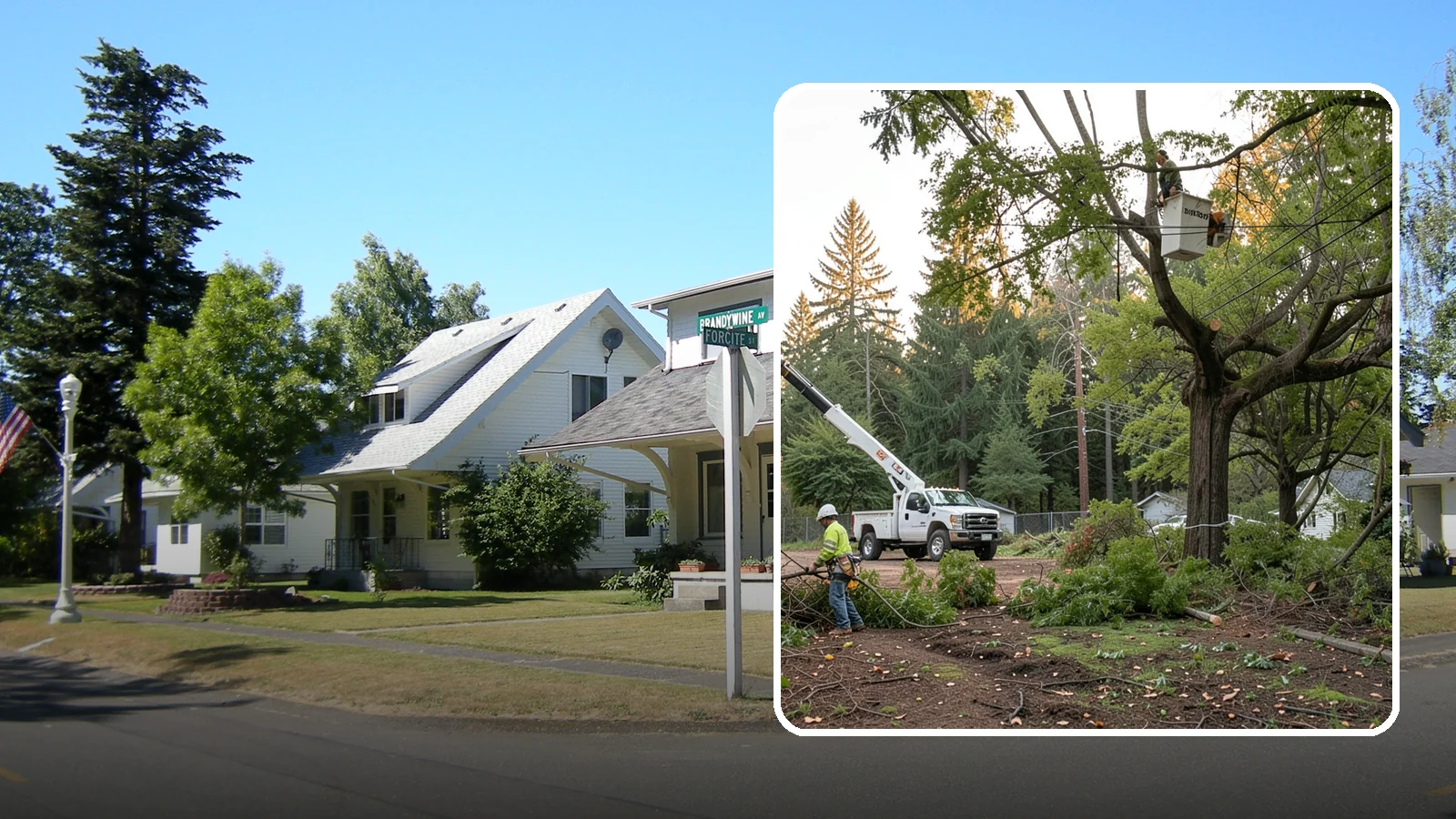 Building clearance pruning in DuPont, Pierce County, WA - The pruning of branches away from walls and structures.