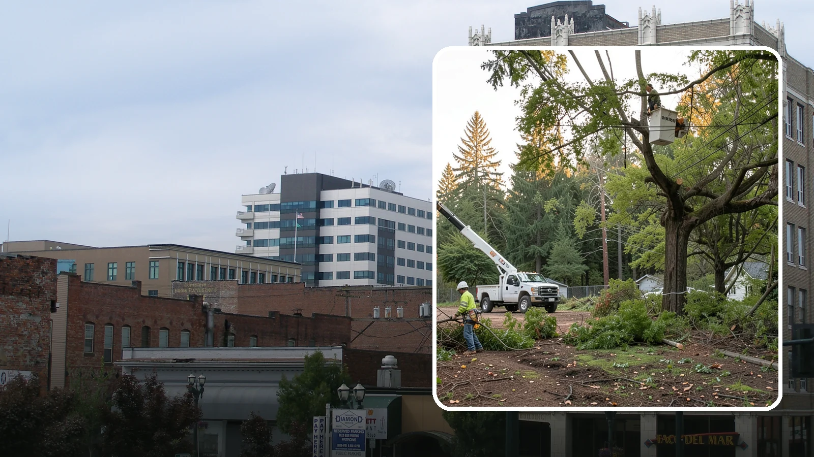 Building clearance pruning in Everett, Snohomish County, WA - The pruning of branches away from walls and structures.