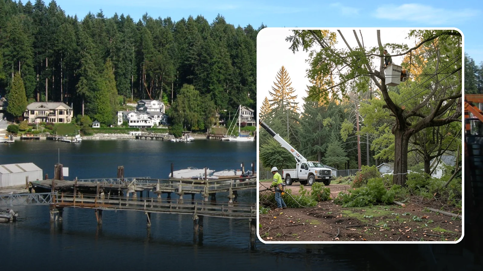 Building clearance pruning in Gig Harbor, Pierce County, WA - The pruning of branches away from walls and structures.