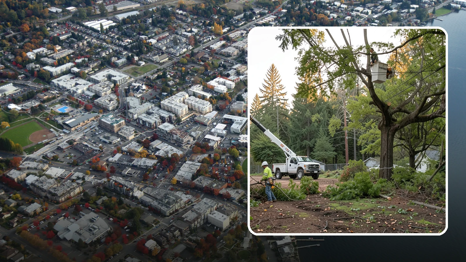 Building clearance pruning in Kirkland, King County, WA - The pruning of branches away from walls and structures.
