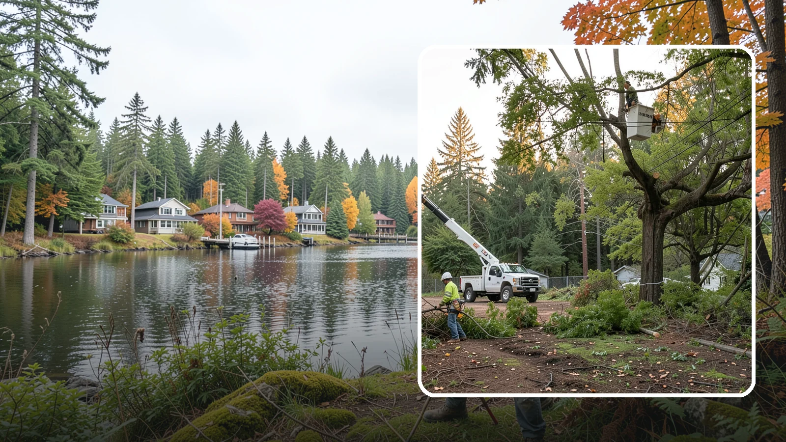 Building clearance pruning in La Conner, Skagit County, WA - The pruning of branches away from walls and structures.