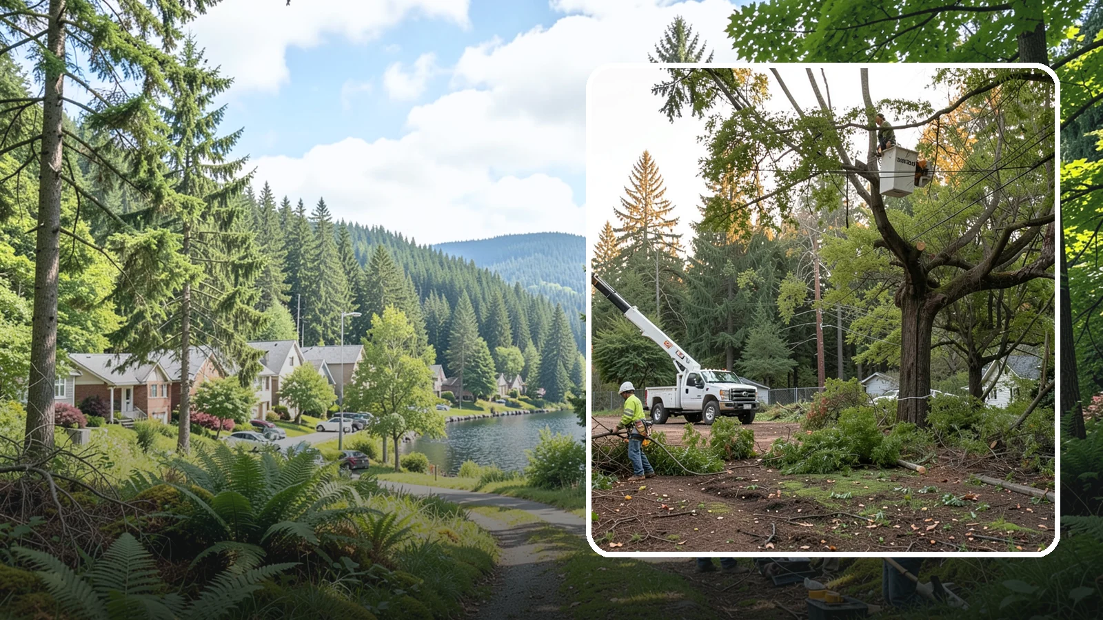Building clearance pruning in Lake Forest Park, King County, WA - The pruning of branches away from walls and structures.