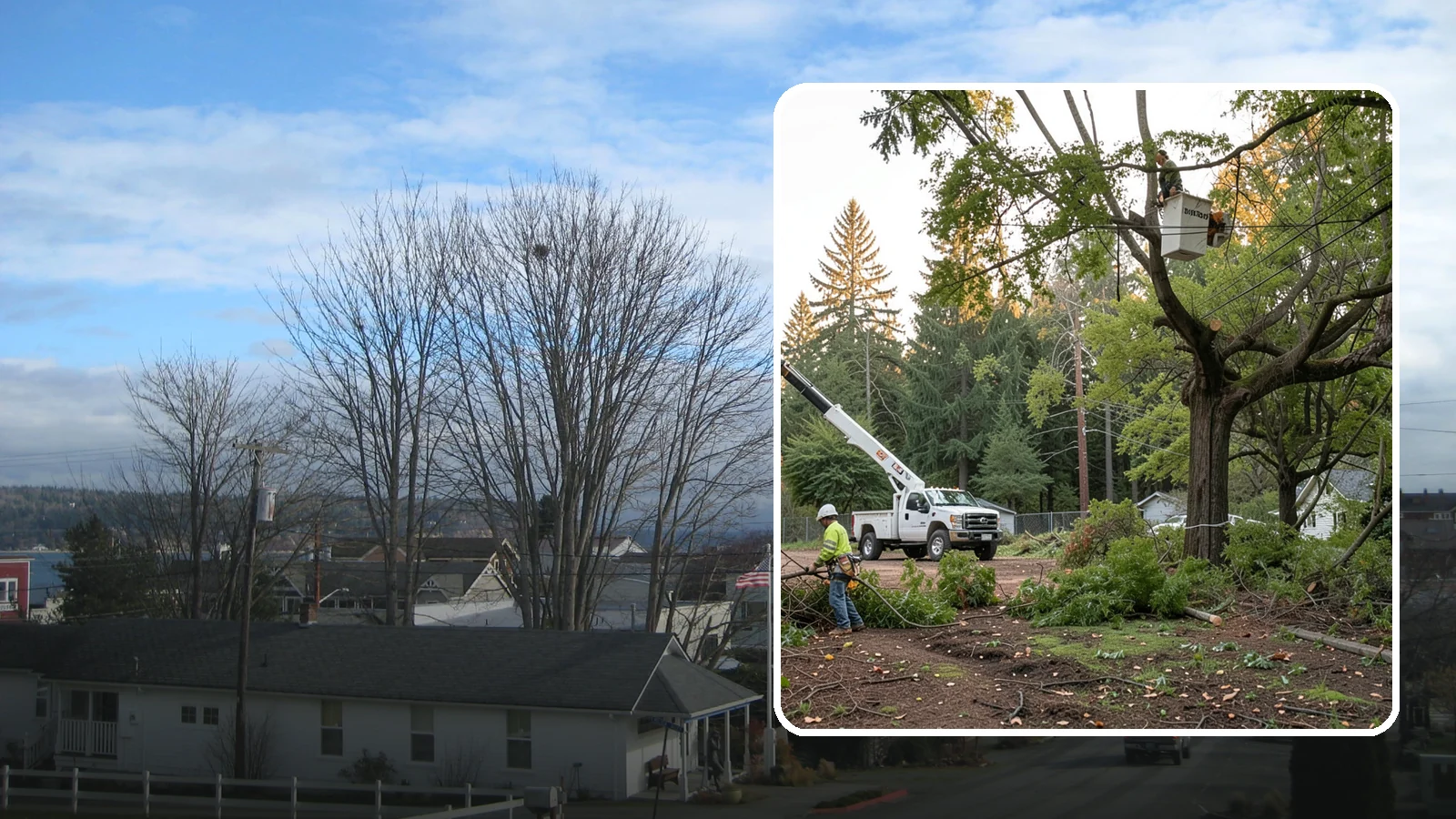 Building clearance pruning in Langley, Island County, WA - The pruning of branches away from walls and structures.