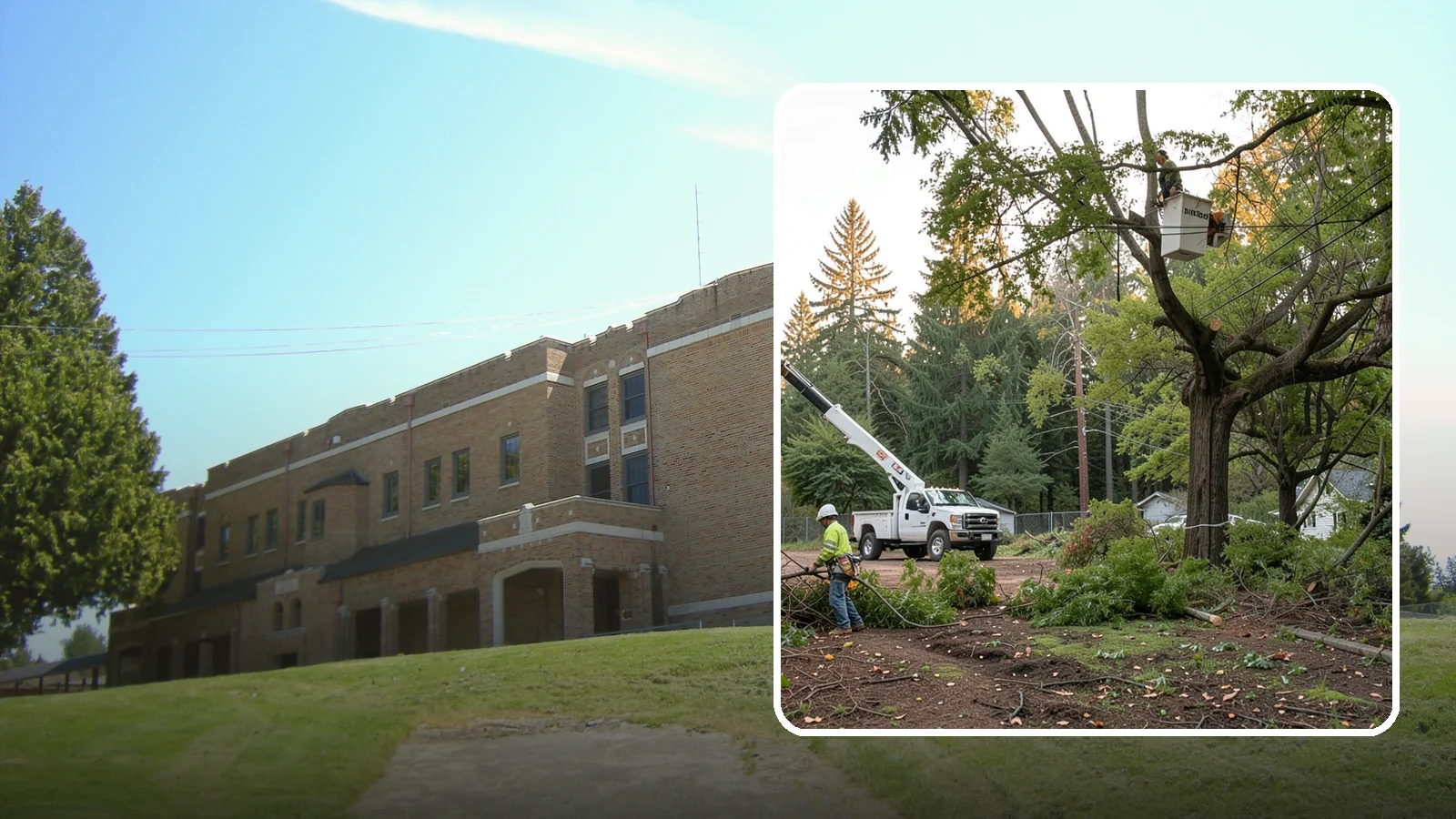 Building clearance pruning in Maple Valley, King County, WA - The pruning of branches away from walls and structures.