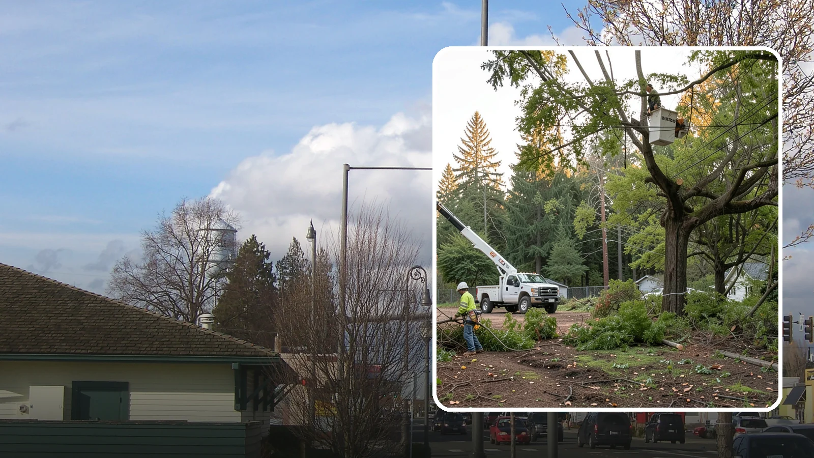 Building clearance pruning in Marysville, Snohomish County, WA - The pruning of branches away from walls and structures.