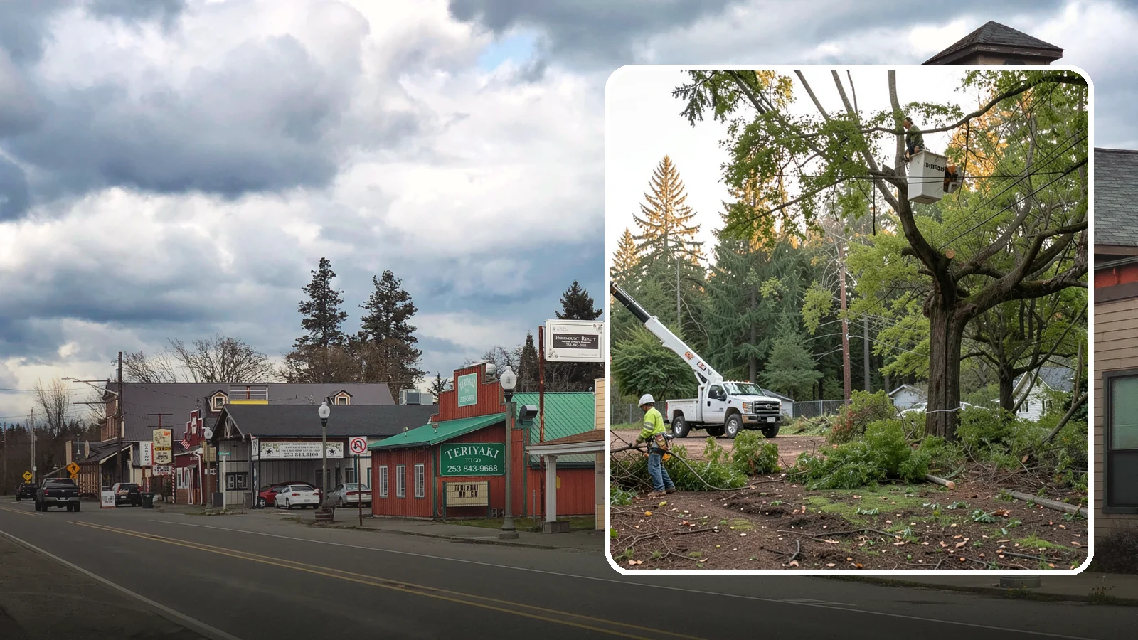 Building clearance pruning in Roy, Pierce County, WA - The pruning of branches away from walls and structures.