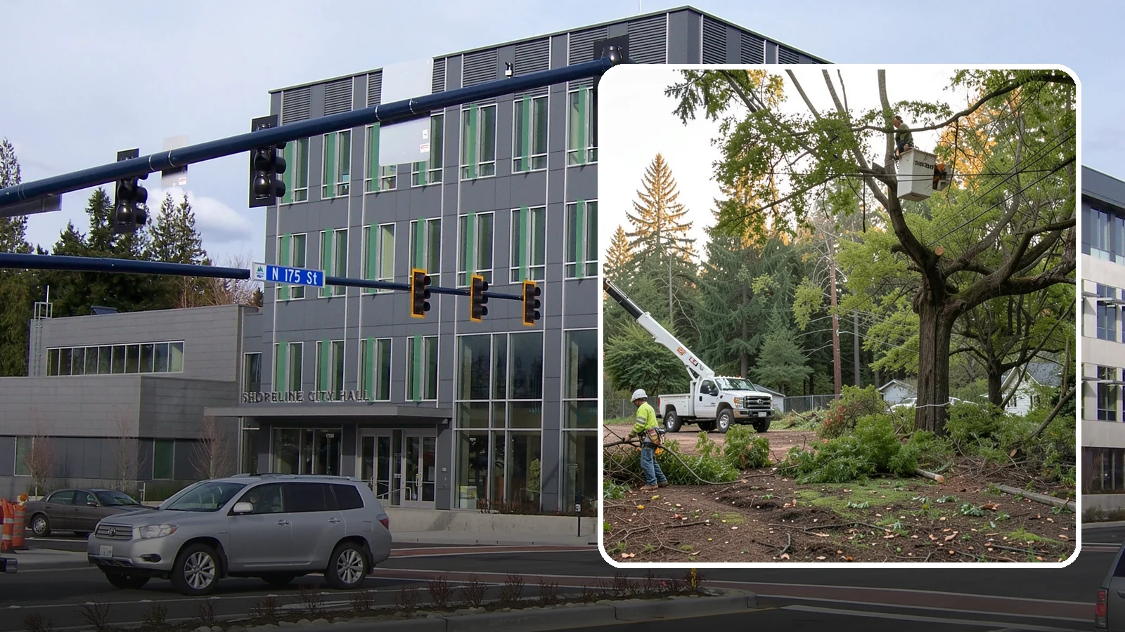 Building clearance pruning in Shoreline, King County, WA - The pruning of branches away from walls and structures.