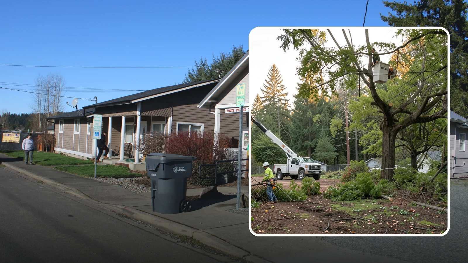 Building clearance pruning in South Prairie, Pierce County, WA - The pruning of branches away from walls and structures.