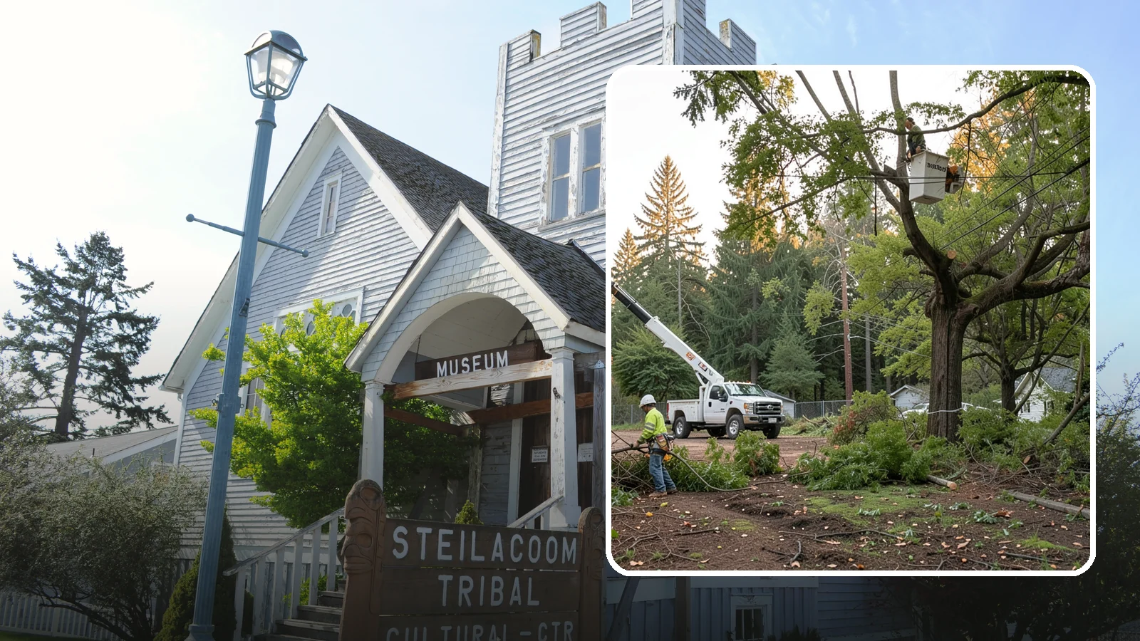 Building clearance pruning in Steilacoom, Pierce County, WA - The pruning of branches away from walls and structures.