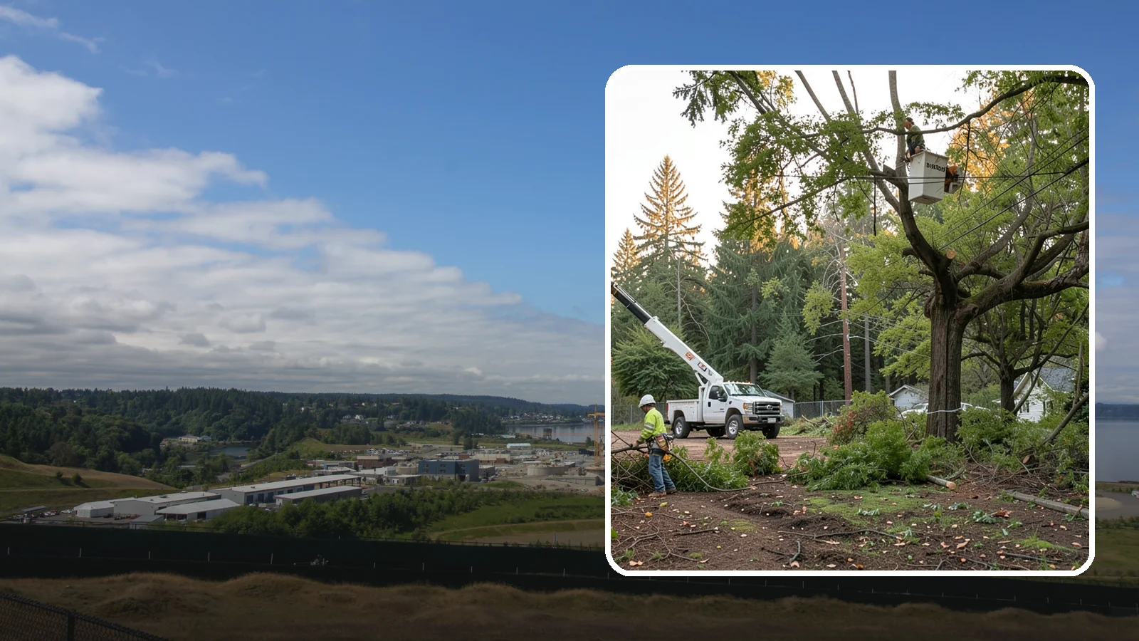 Building clearance pruning in University Place, Pierce County, WA - The pruning of branches away from walls and structures.