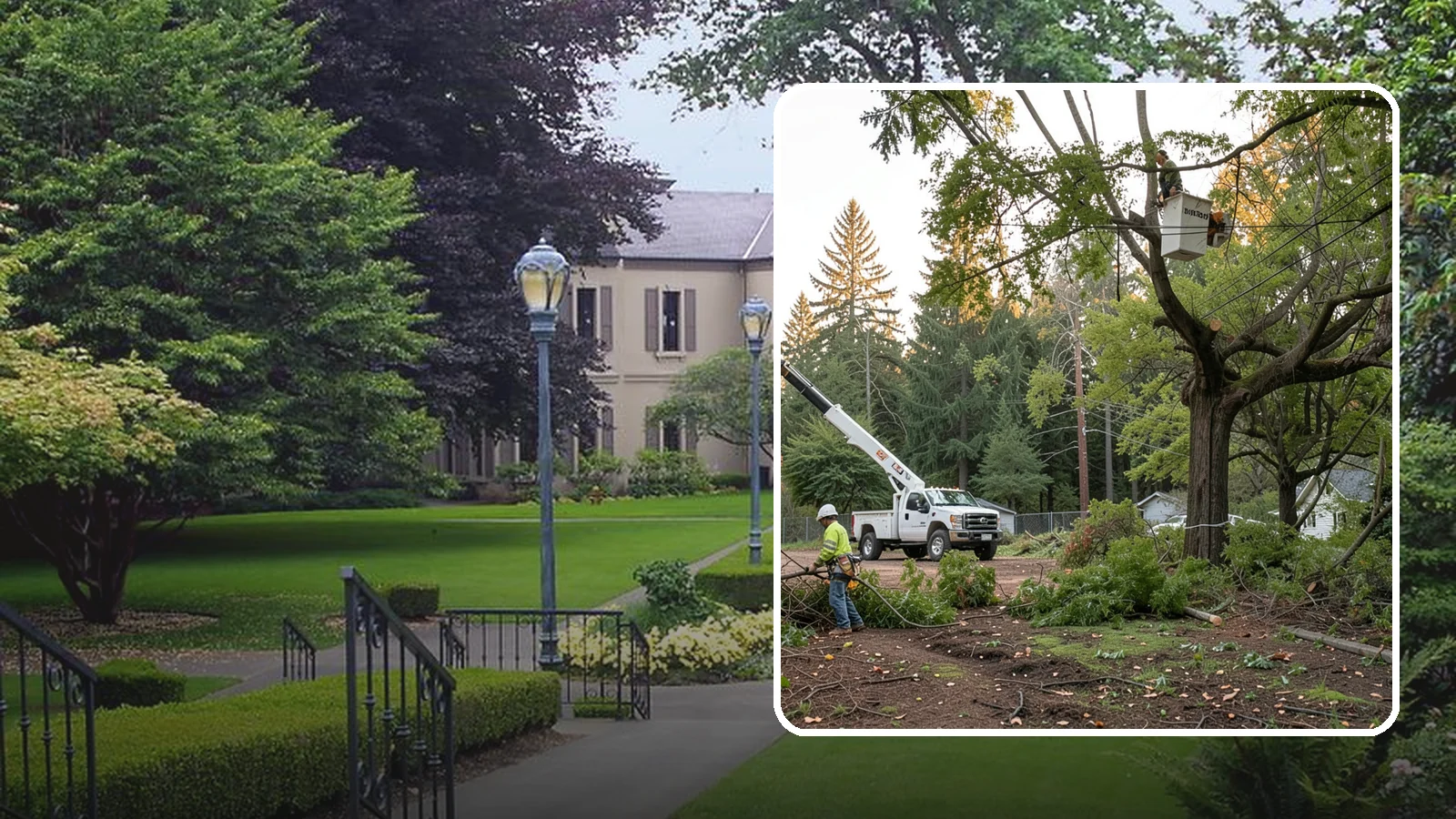 Building clearance pruning in Woodinville, King County, WA - The pruning of branches away from walls and structures.