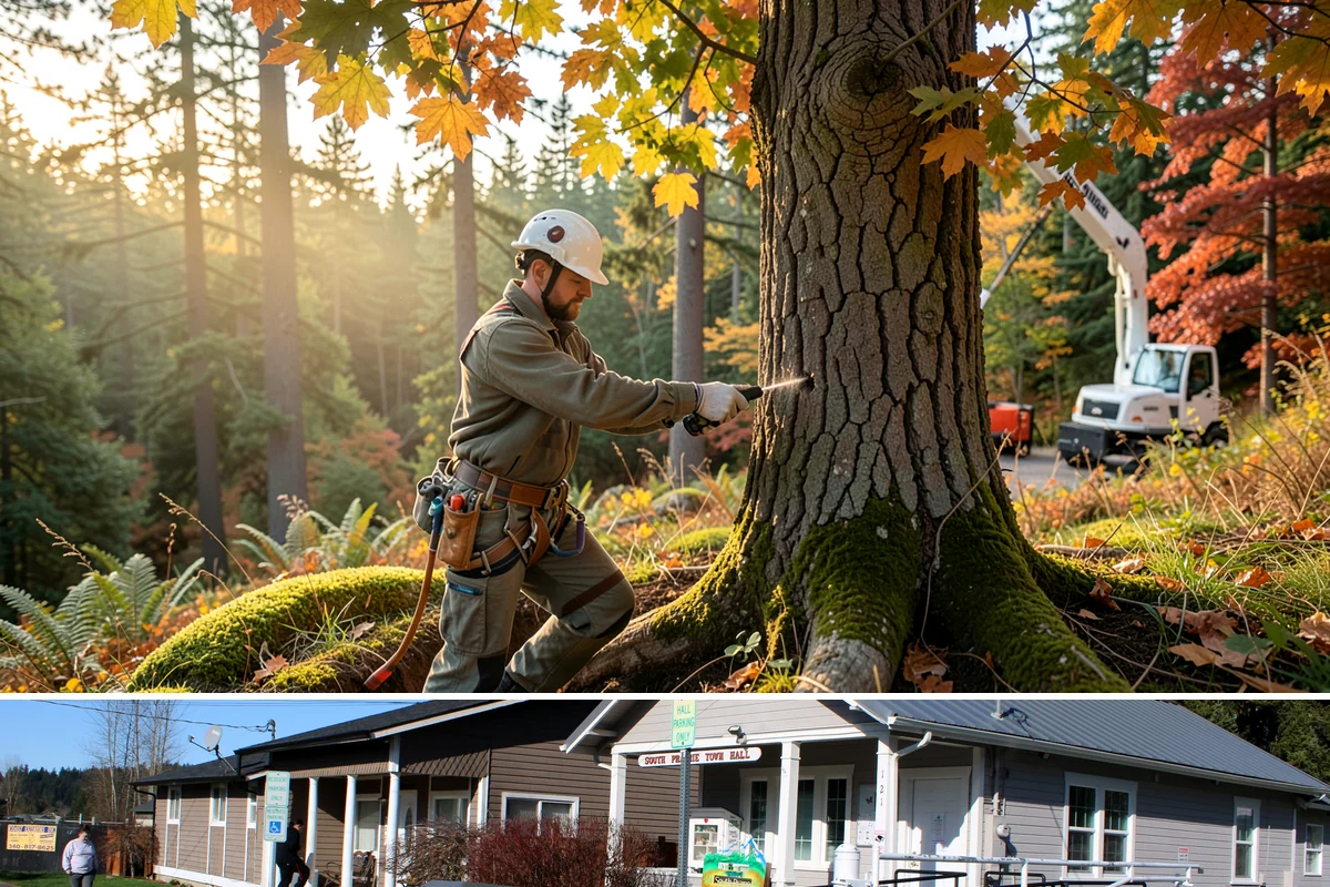 Campus tree management in South Prairie, Pierce County, WA - Work follows a maintenance schedule that accounts for Puget Sound weather patterns, typically prioritizing inspections during...