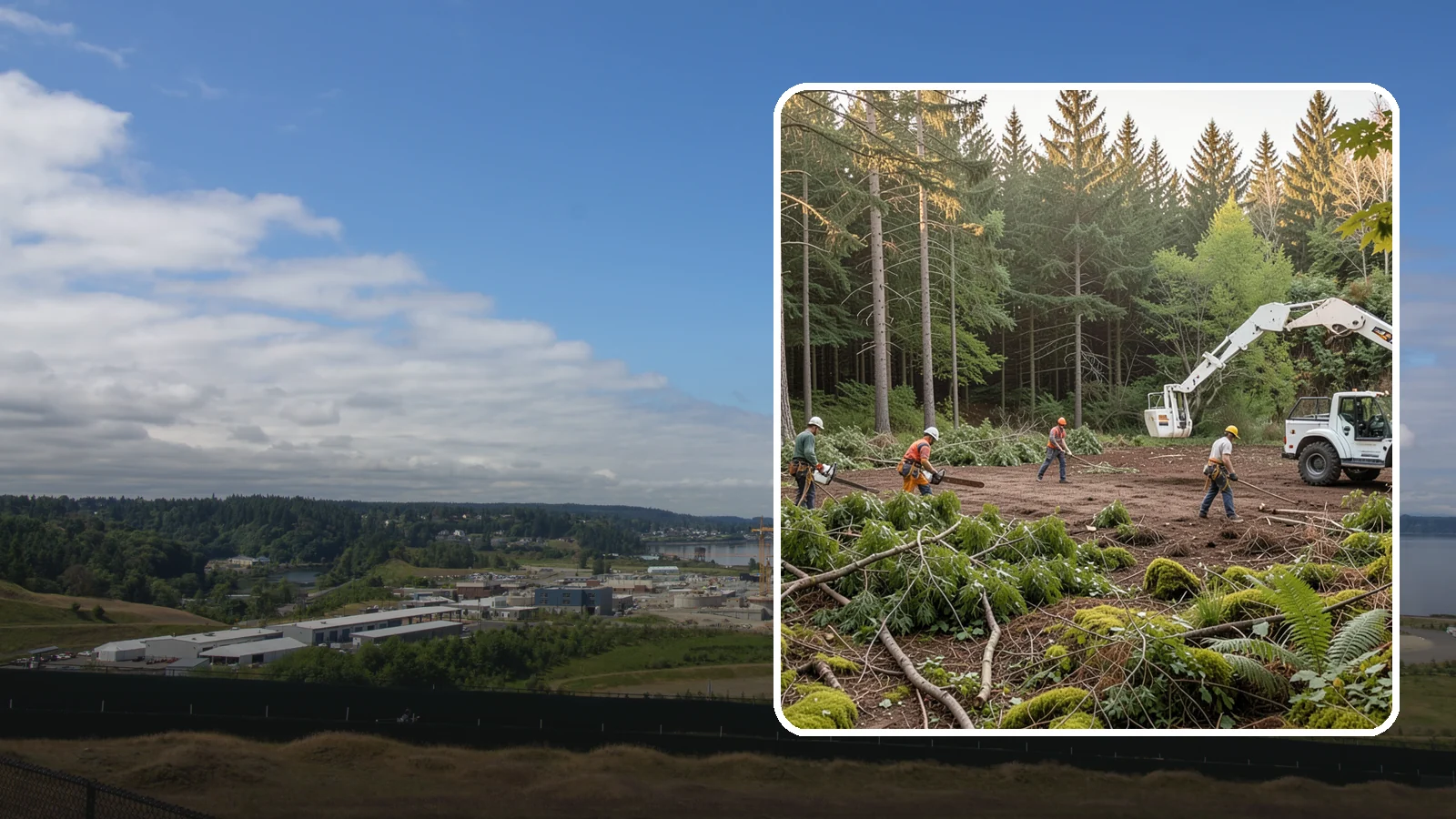 Construction Clearance in University Place, Pierce County, WA - The clearing of trees and vegetation to provide access and space for construction.