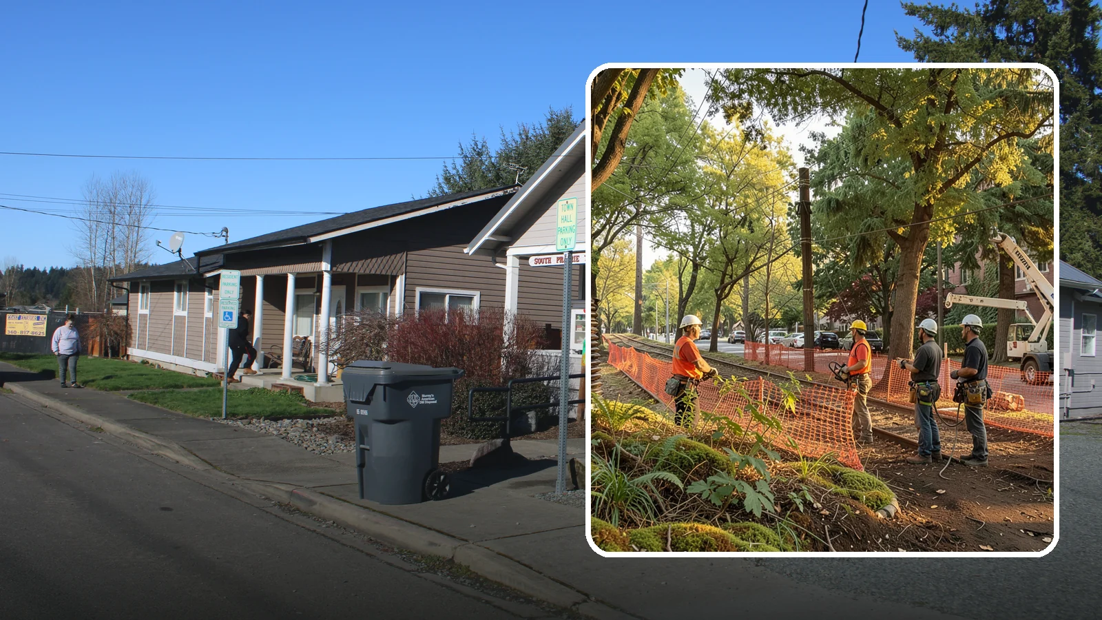 Construction tree protection fencing in South Prairie, Pierce County, WA - The installation of protective fencing around tree protection zones.