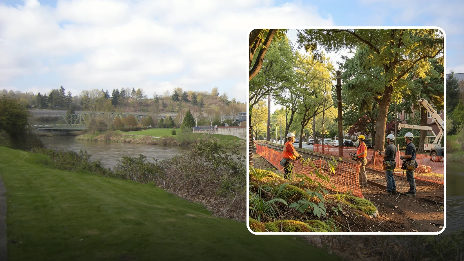 Construction tree protection fencing in Tukwila, King County, WA - The installation of protective fencing around tree protection zones.