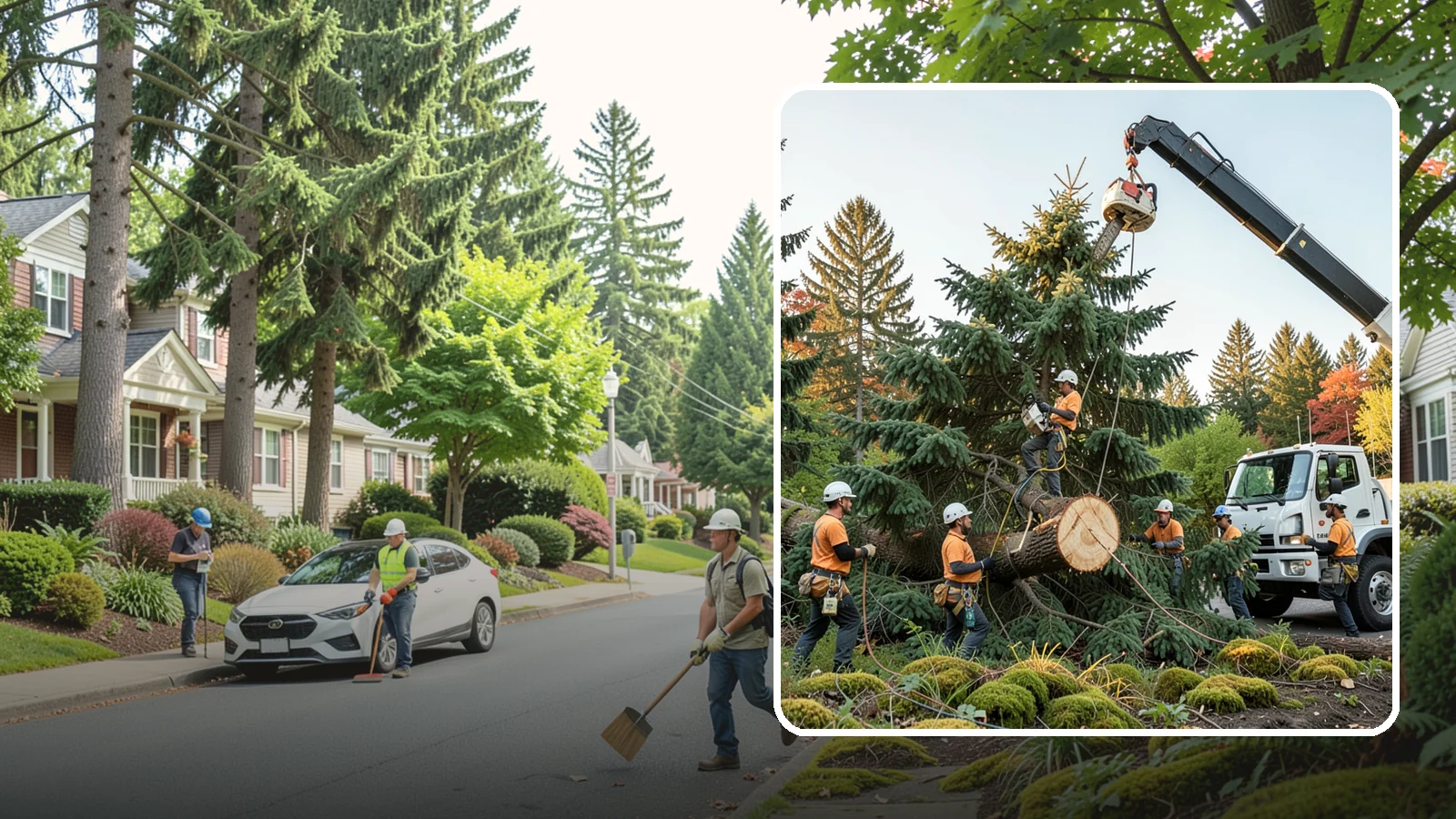 Crane-assisted tree removal in Beaux Arts Village, King County, WA - The removal of trees using a crane to lift sections clear of obstacles.