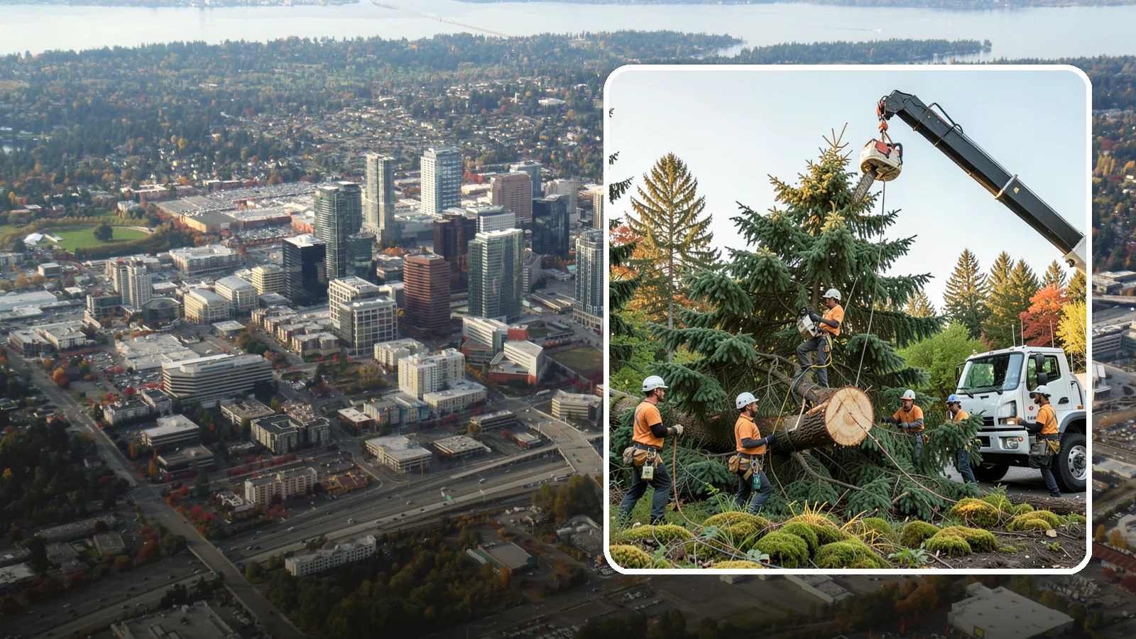 Crane-assisted tree removal in Bellevue, King County, WA - The removal of trees using a crane to lift sections clear of obstacles.