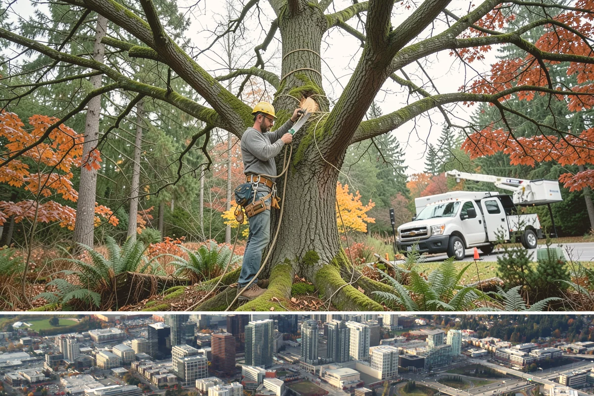 Crane-assisted tree removal in Bellevue, King County, WA - This service can be performed year-round in Puget Sound weather but requires careful planning during wet seasons to manage ground...