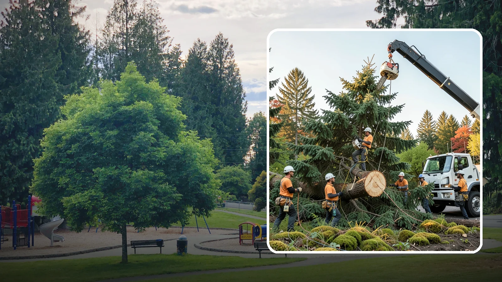Crane-assisted tree removal in Bonney Lake, Pierce County, WA - The removal of trees using a crane to lift sections clear of obstacles.