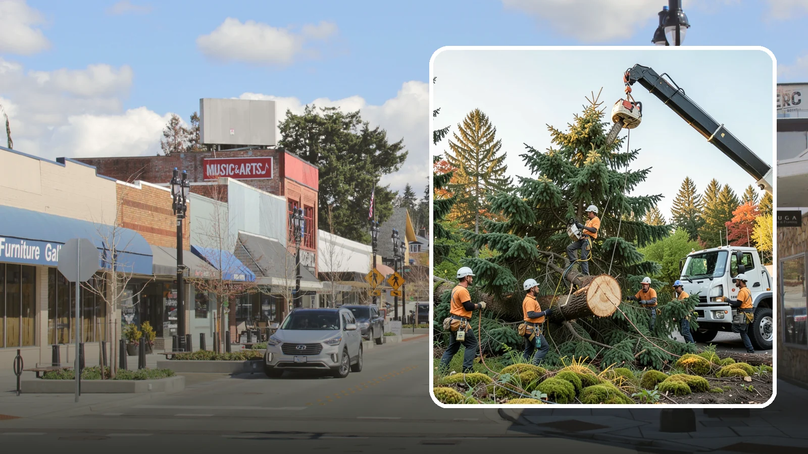 Crane-assisted tree removal in Bothell, King County, WA - The removal of trees using a crane to lift sections clear of obstacles.
