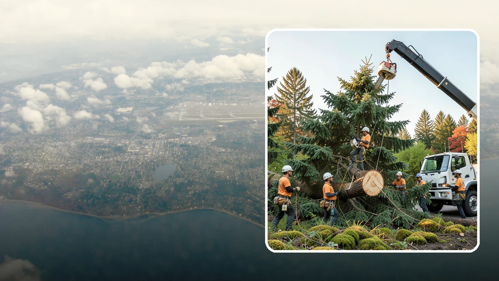Crane-assisted tree removal in Burien, King County, WA - The removal of trees using a crane to lift sections clear of obstacles.