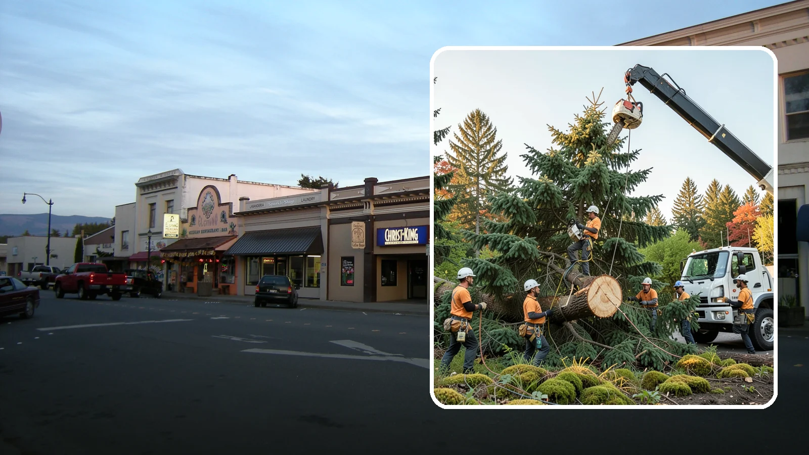 Crane-assisted tree removal in Burlington, Skagit County, WA - The removal of trees using a crane to lift sections clear of obstacles.