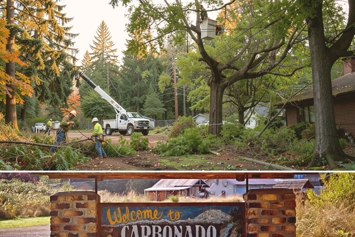 Crane-assisted tree removal in Carbonado, Pierce County, WA - This service can be performed year-round in Puget Sound weather but requires careful planning during wet seasons to manage ground...