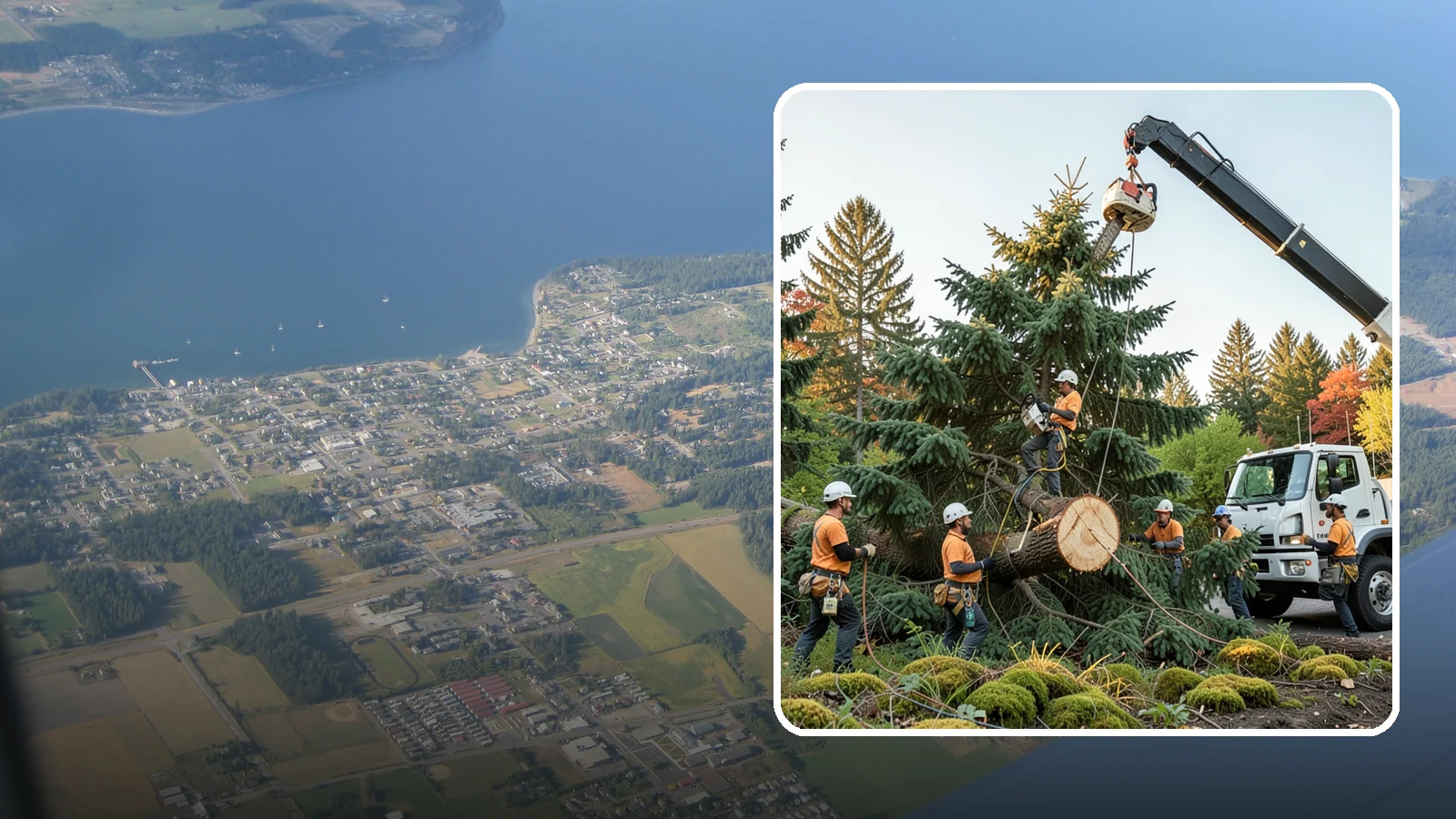 Crane-assisted tree removal in Coupeville, Island County, WA - The removal of trees using a crane to lift sections clear of obstacles.