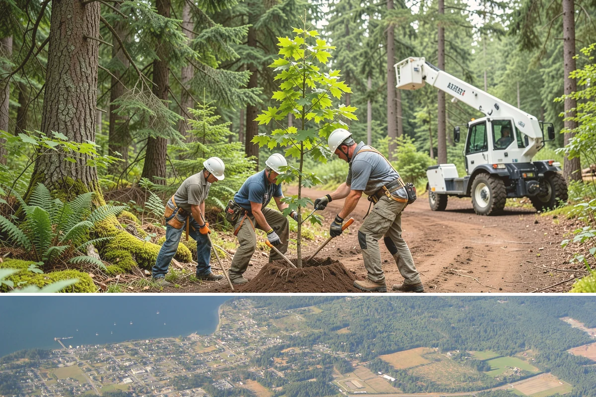 Crane-assisted tree removal in Coupeville, Island County, WA - This service can be performed year-round in Puget Sound weather but requires careful planning during wet seasons to manage ground...