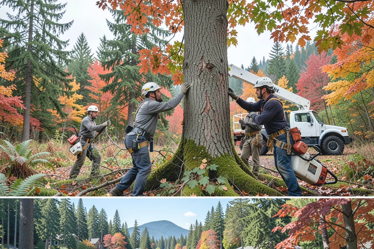 Crane-assisted tree removal in Covington, King County, WA - This service can be performed year-round in Puget Sound weather but requires careful planning during wet seasons to manage ground...