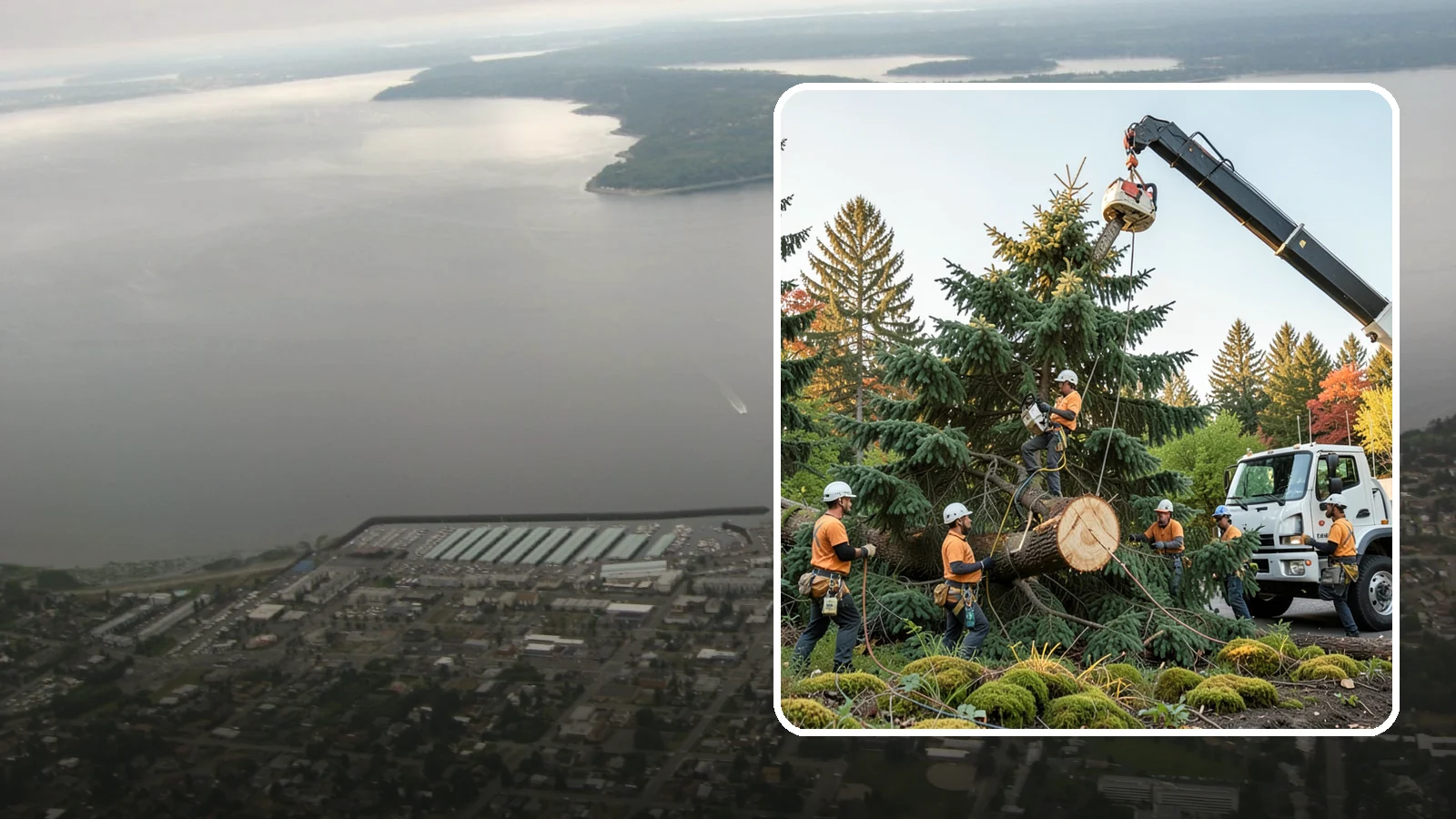 Crane-assisted tree removal in Des Moines, King County, WA - The removal of trees using a crane to lift sections clear of obstacles.