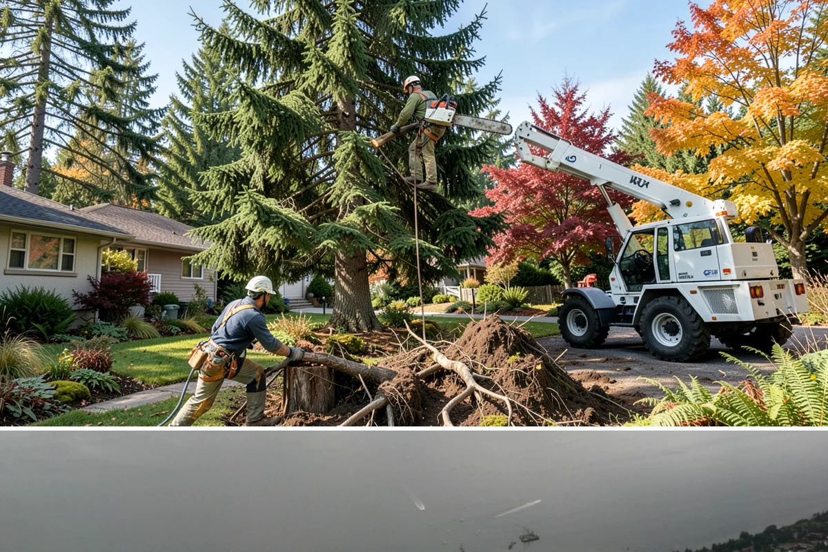 Crane-assisted tree removal in Des Moines, King County, WA - This service can be performed year-round in Puget Sound weather but requires careful planning during wet seasons to manage ground...